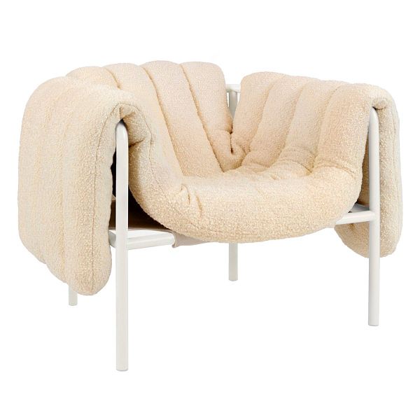 Puffy lounge chair,  eggshell boucle - cream steel