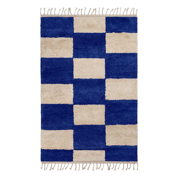 Mara knotted rug, L, bright blue - offwhite