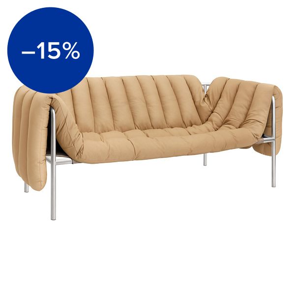 Puffy 2,5 seater sofa, sand leather - stainless steel