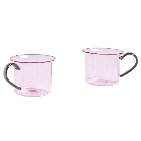 Glass cup, 2 pcs, pink with grey handle