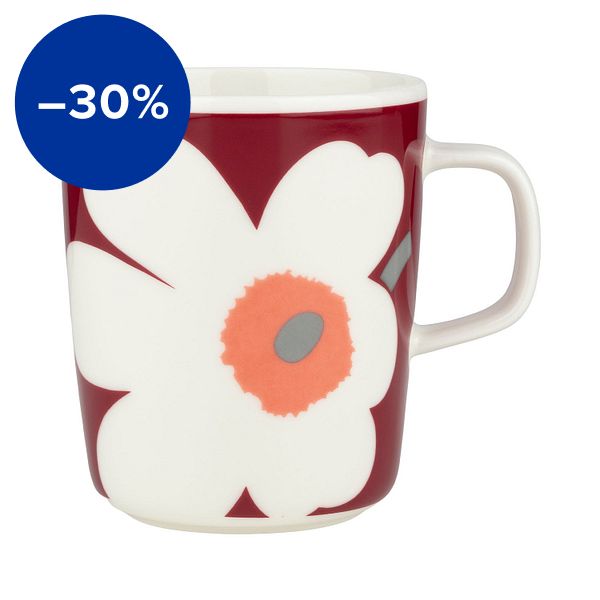 Oiva - Unikko 60th Anniversary mug, 2,5 dl, white - dark cherry - ash