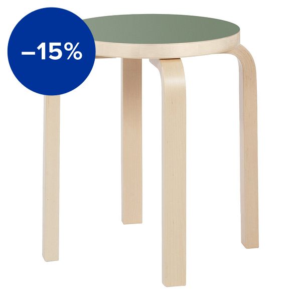 Aalto stool E60, olive linoleum - birch