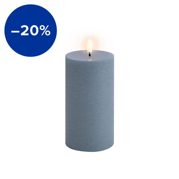 LED pillar candle, 7,8 x 15 cm, rustic texture, hazy blue