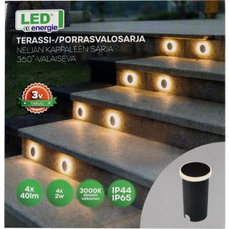 Terassi-/porrasvalosarja Led Energie 4 kpl 360˚-valaiseva 2W 40lm 3000K