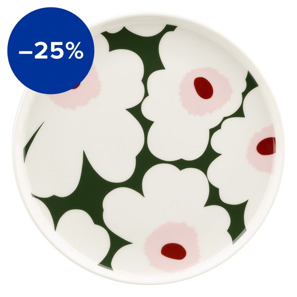 Oiva - Piatto Unikko, 20 cm, bianco - verde scuro - rosa
