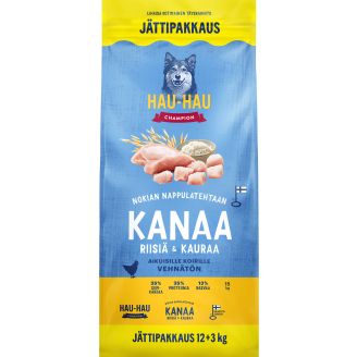 Koiranruoka Hau-Hau 12+3 kg Kanaa, riisiä ja kauraa