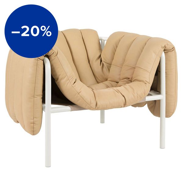Puffy lounge chair, sand leather - cream steel