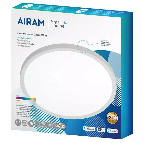 Kattovalaisin Smart Gabe Slim 18W/827-865 WH Airam Wifi verkkoon yhdistettävä valaisin