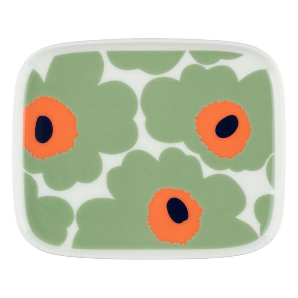 Oiva - Unikko plate, 15x12 cm, white - sage - orange - dark blue