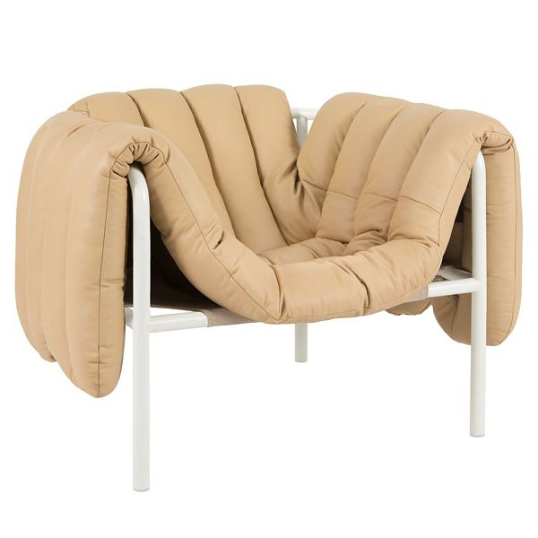 Puffy lounge chair, sand leather - cream steel