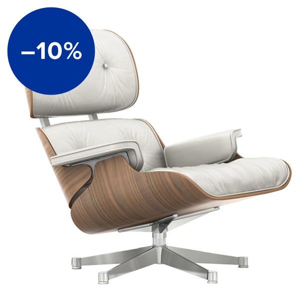 Eames Lounge Chair, new size, white walnut - white leather