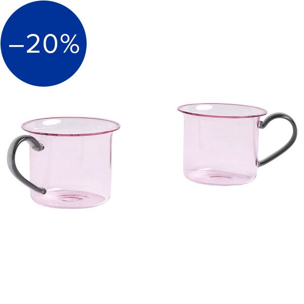 Glass cup, 2 pcs, pink with grey handle