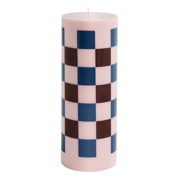 Column candle, L, light pink - bordeaux - dark blue check