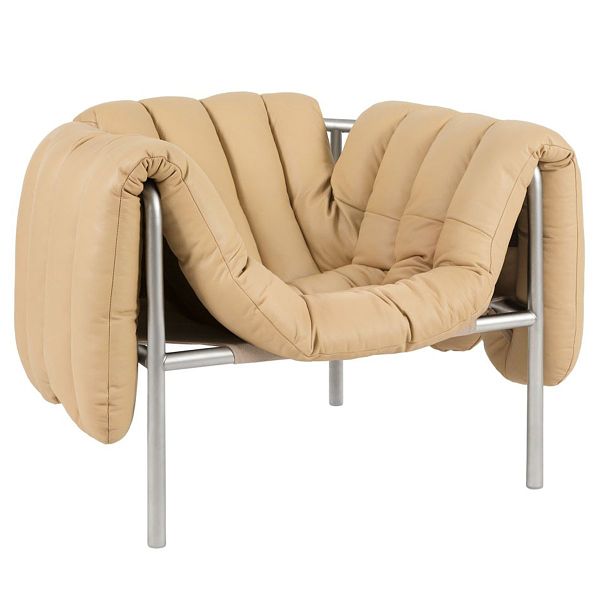 Puffy lounge chair, sand leather - stainless steel